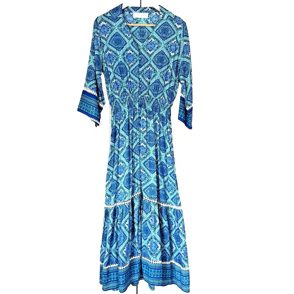 Walker & Wade Blue & Aqua Maxi Dress V-Neck 3/4 Sleeve Boho Prairie Cottage S